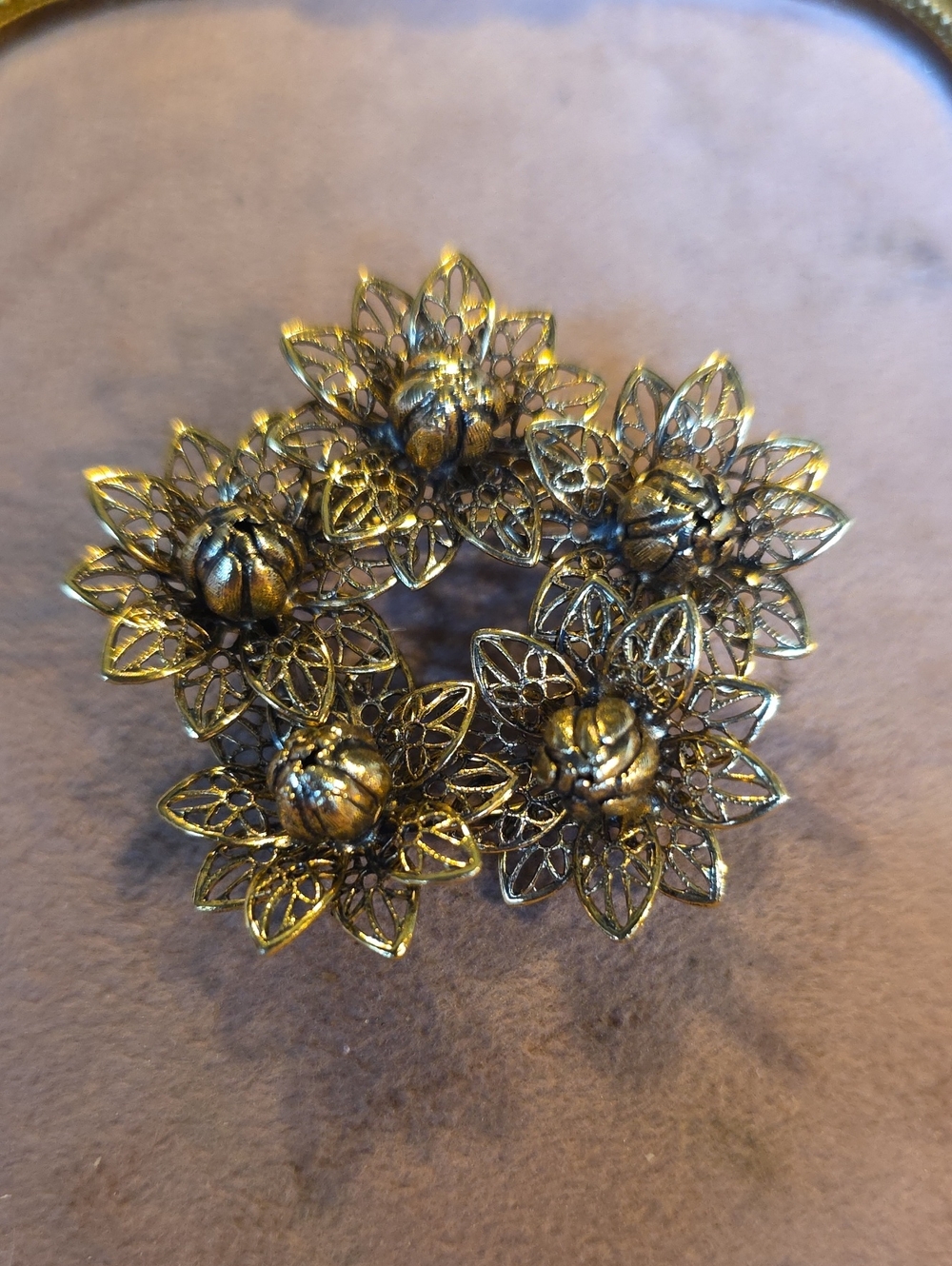 Vintage Czech Brass Filigree Flower Brooch